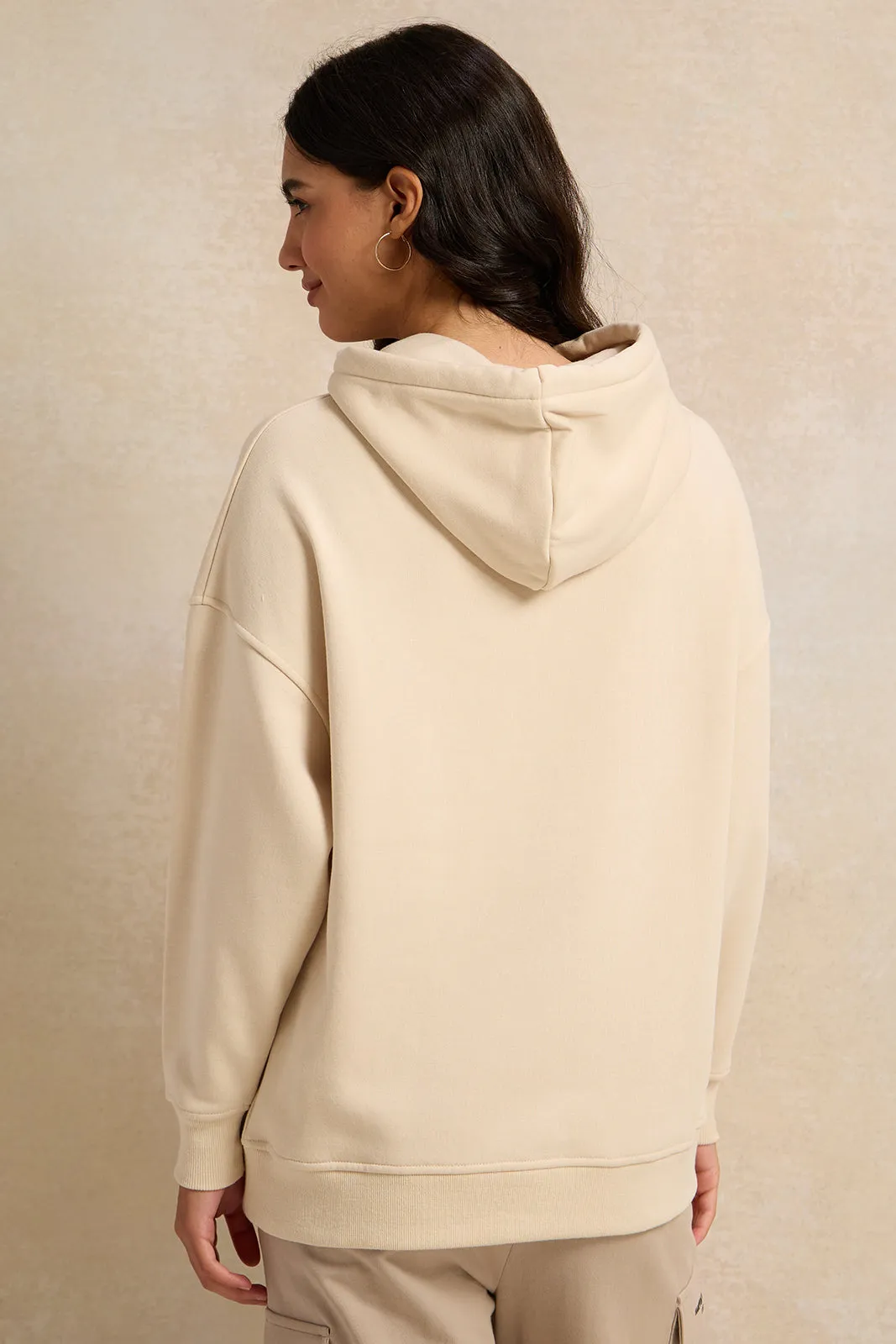 Women Beige Oversized Hooded Sweatshirt