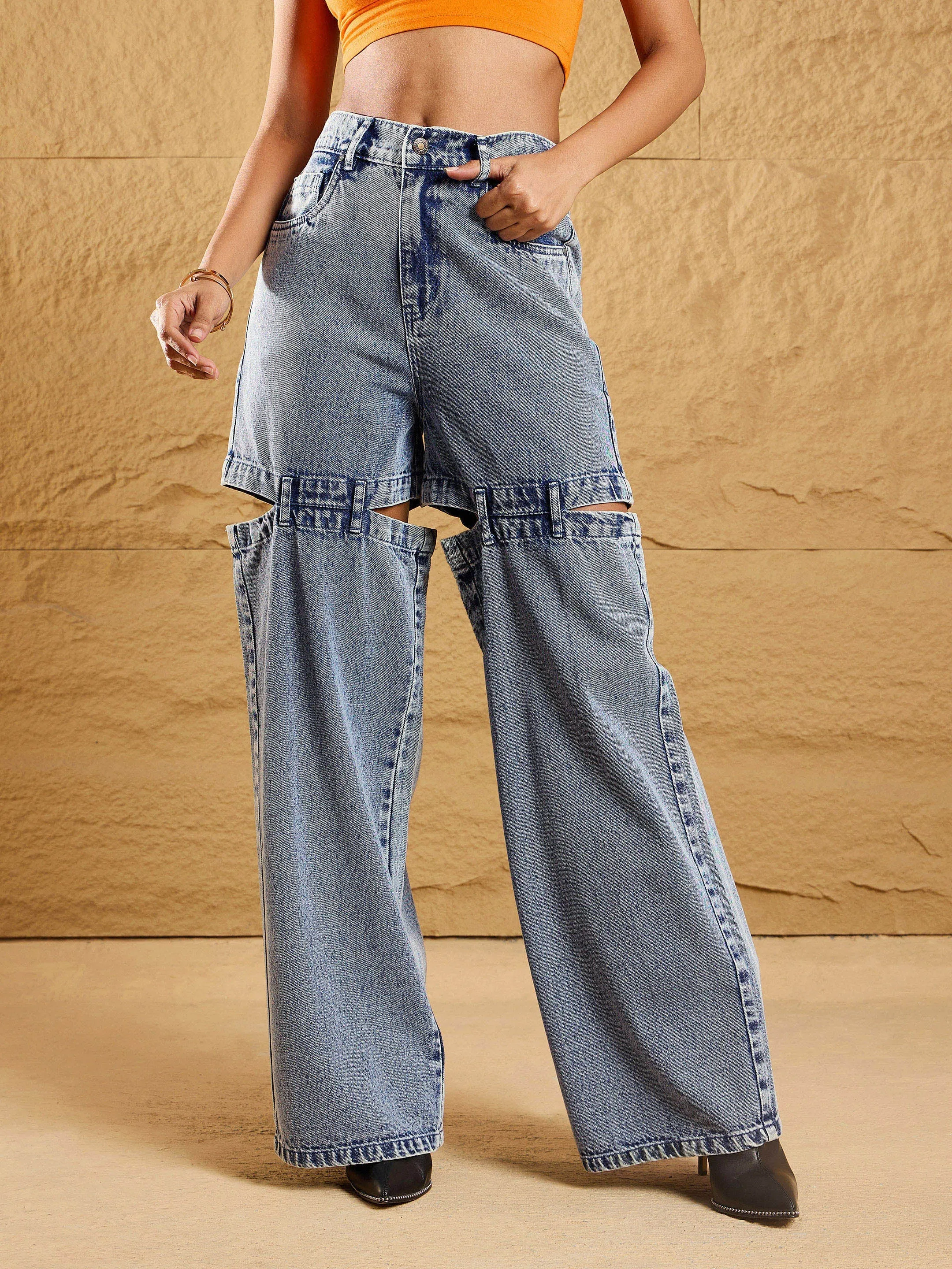 Women Blue Acid Wash Thigh Cut-Out Straight Fit Jeans