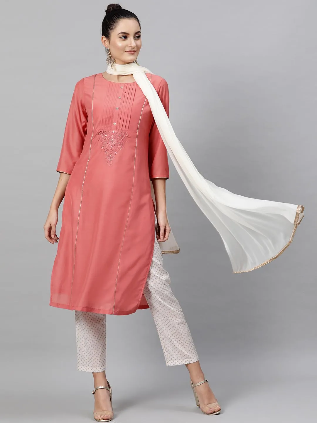 Women Coral Pink White Solid Kurta with Trousers Dupatta