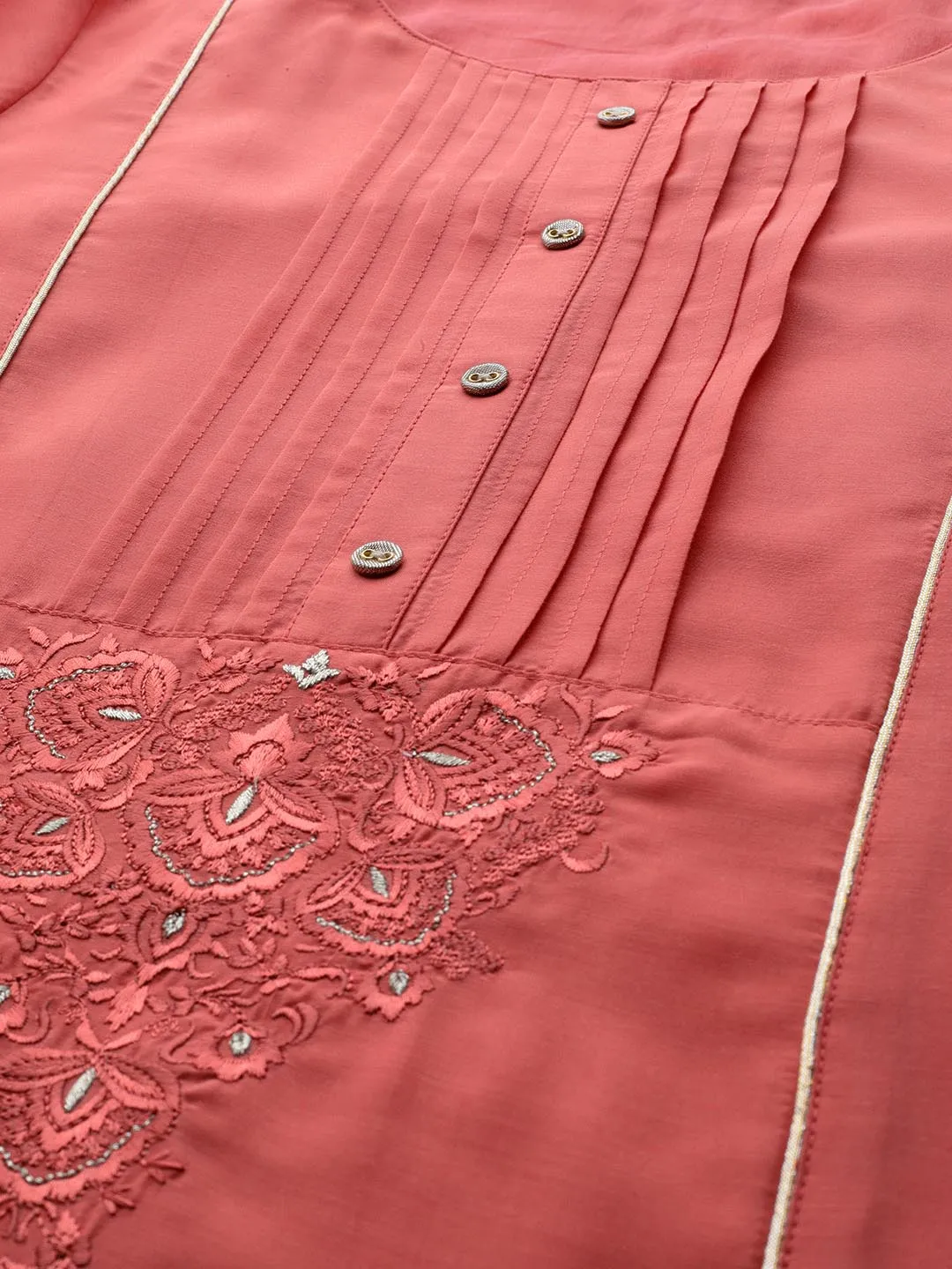 Women Coral Pink White Solid Kurta with Trousers Dupatta