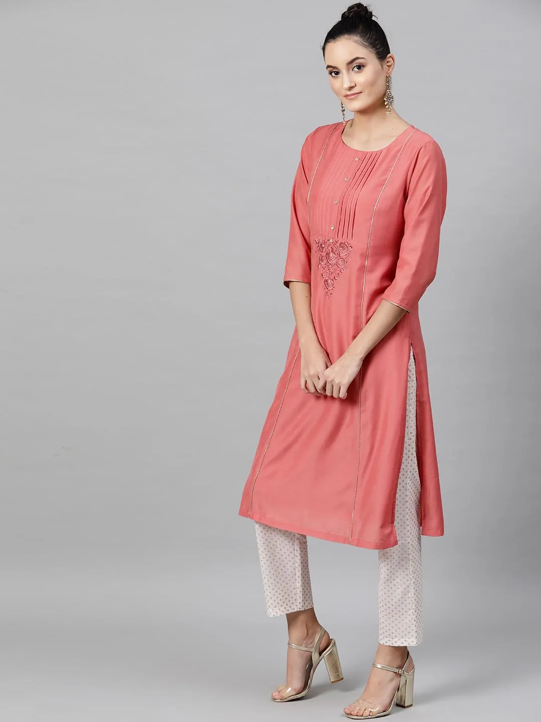 Women Coral Pink White Solid Kurta with Trousers Dupatta