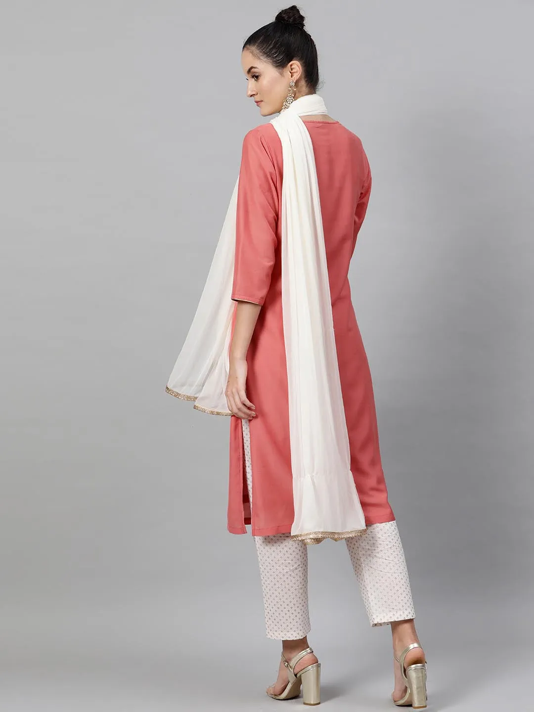 Women Coral Pink White Solid Kurta with Trousers Dupatta