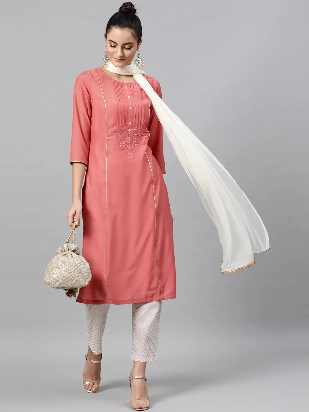 Women Coral Pink White Solid Kurta with Trousers Dupatta