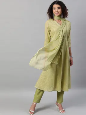 Women Lime Green Striped Pleated Pure Cotton Kurta with Trousers