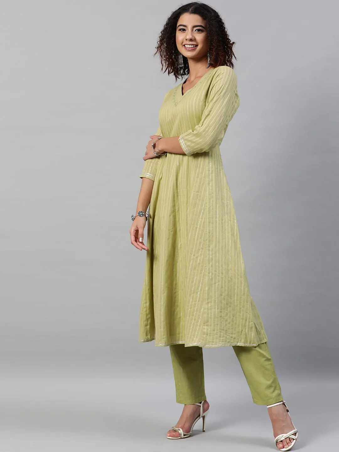 Women Lime Green Striped Pleated Pure Cotton Kurta with Trousers