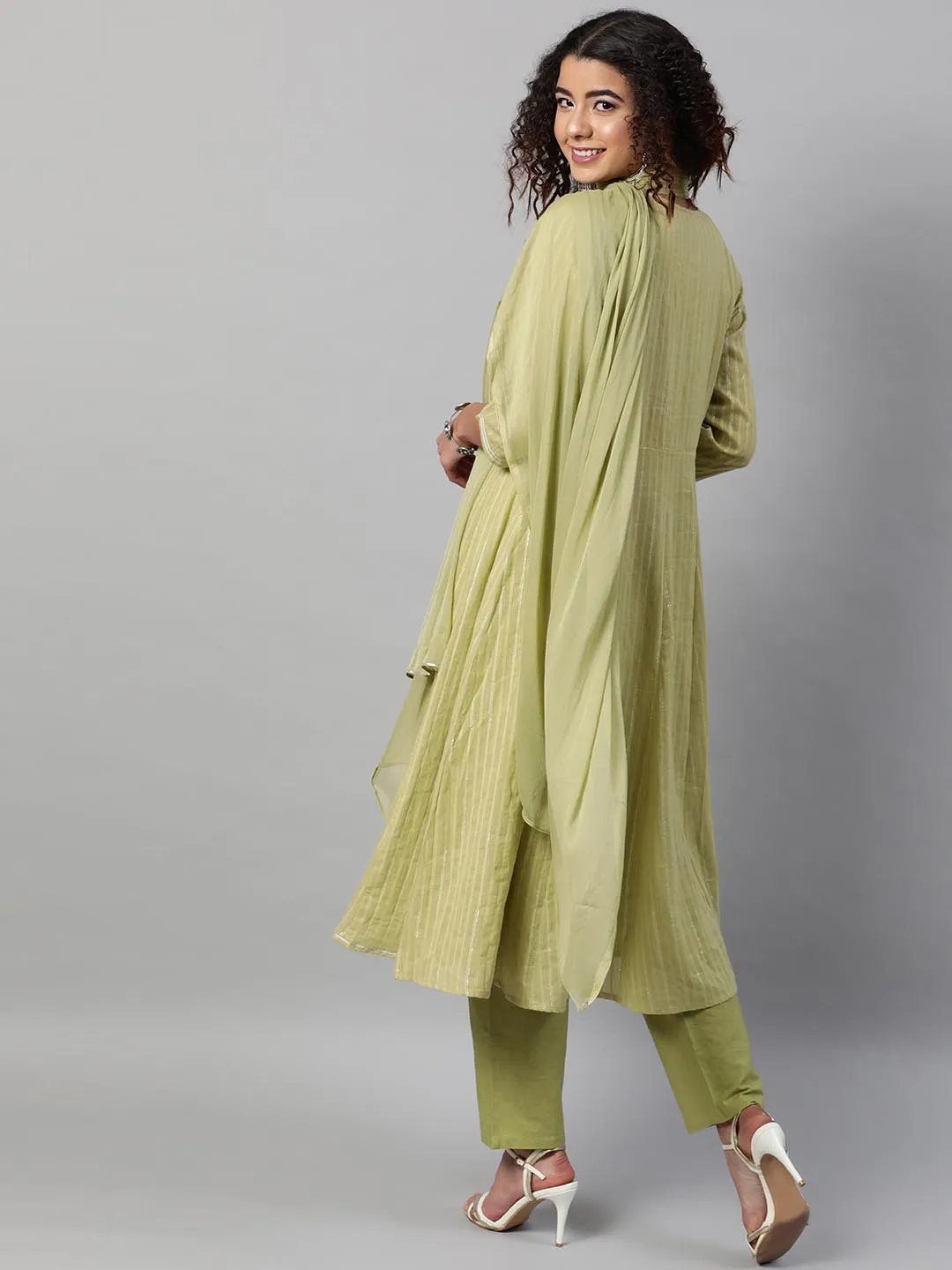 Women Lime Green Striped Pleated Pure Cotton Kurta with Trousers