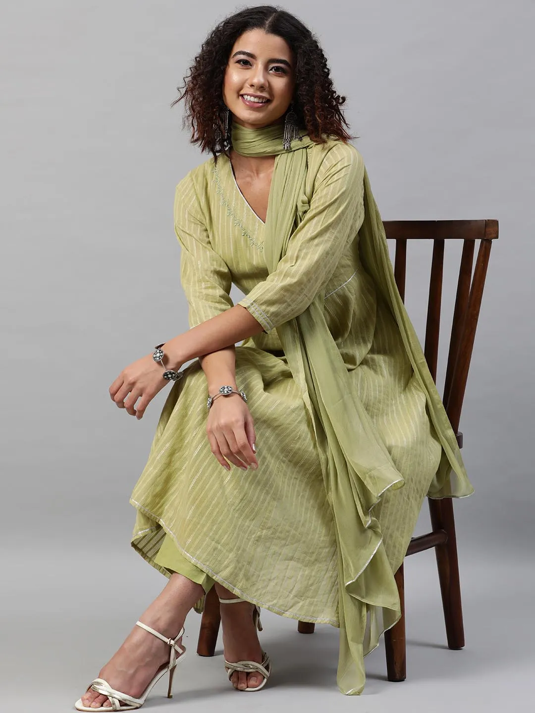 Women Lime Green Striped Pleated Pure Cotton Kurta with Trousers