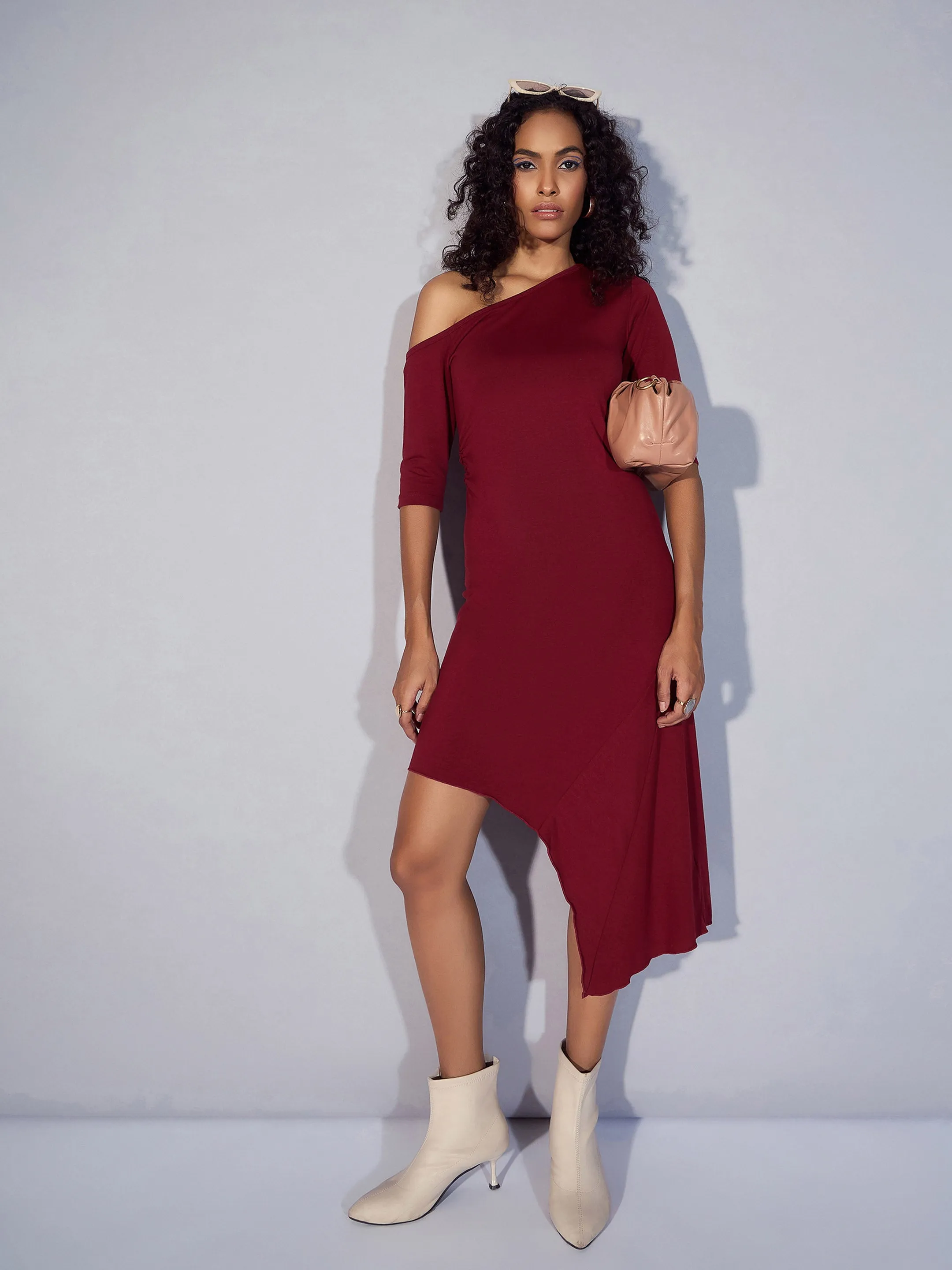 Women Maroon One Shoulder Asymmetric Hem Dress