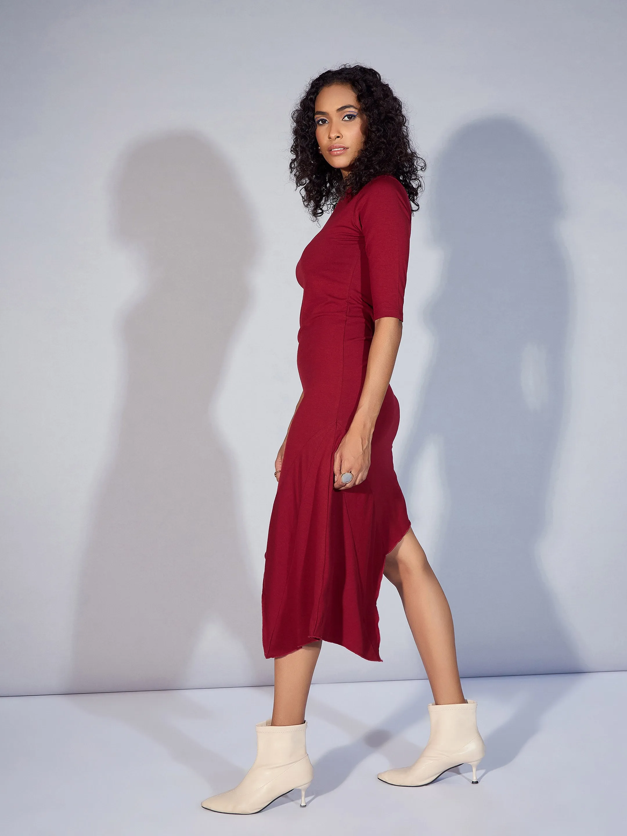 Women Maroon One Shoulder Asymmetric Hem Dress