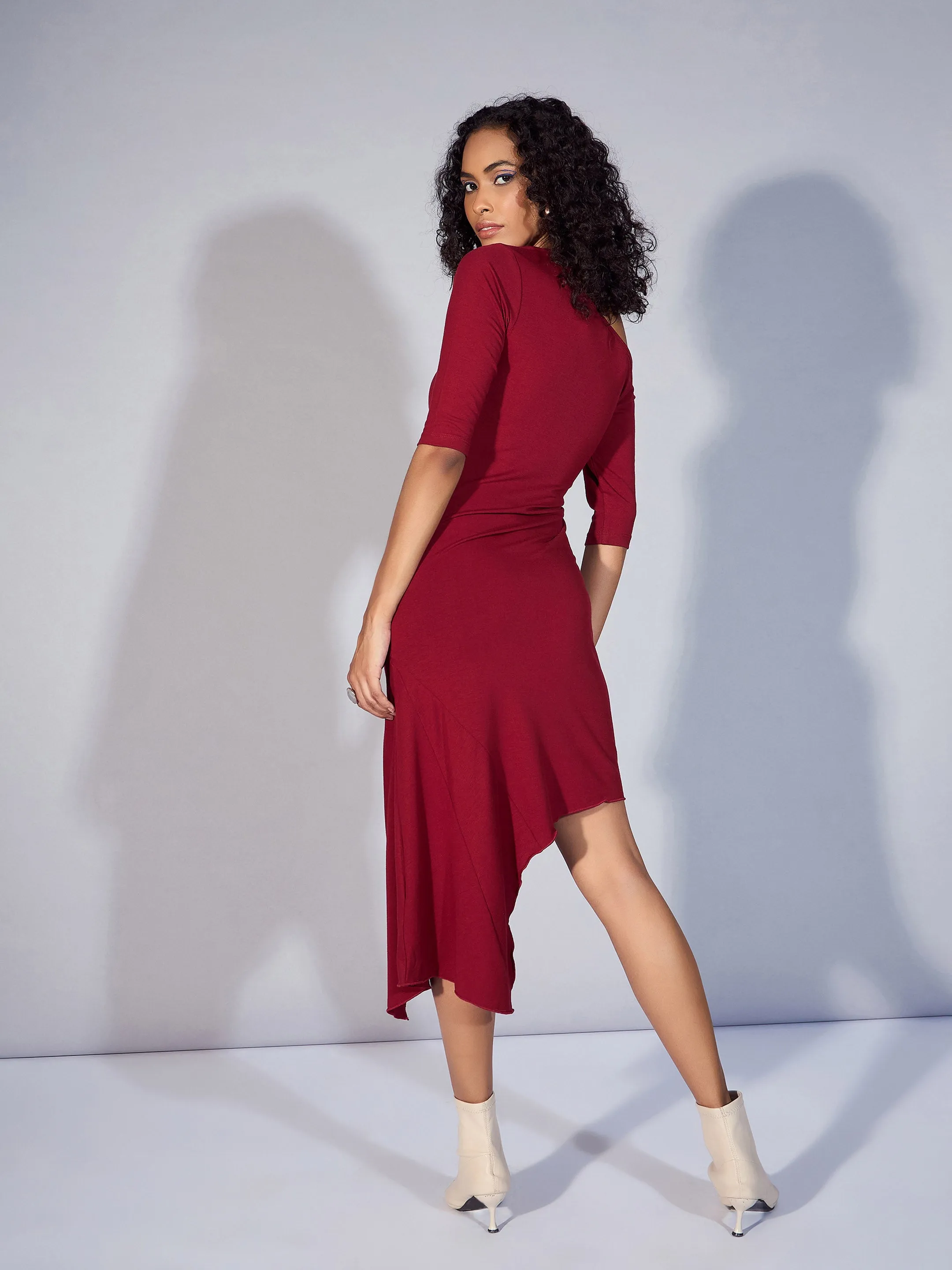 Women Maroon One Shoulder Asymmetric Hem Dress