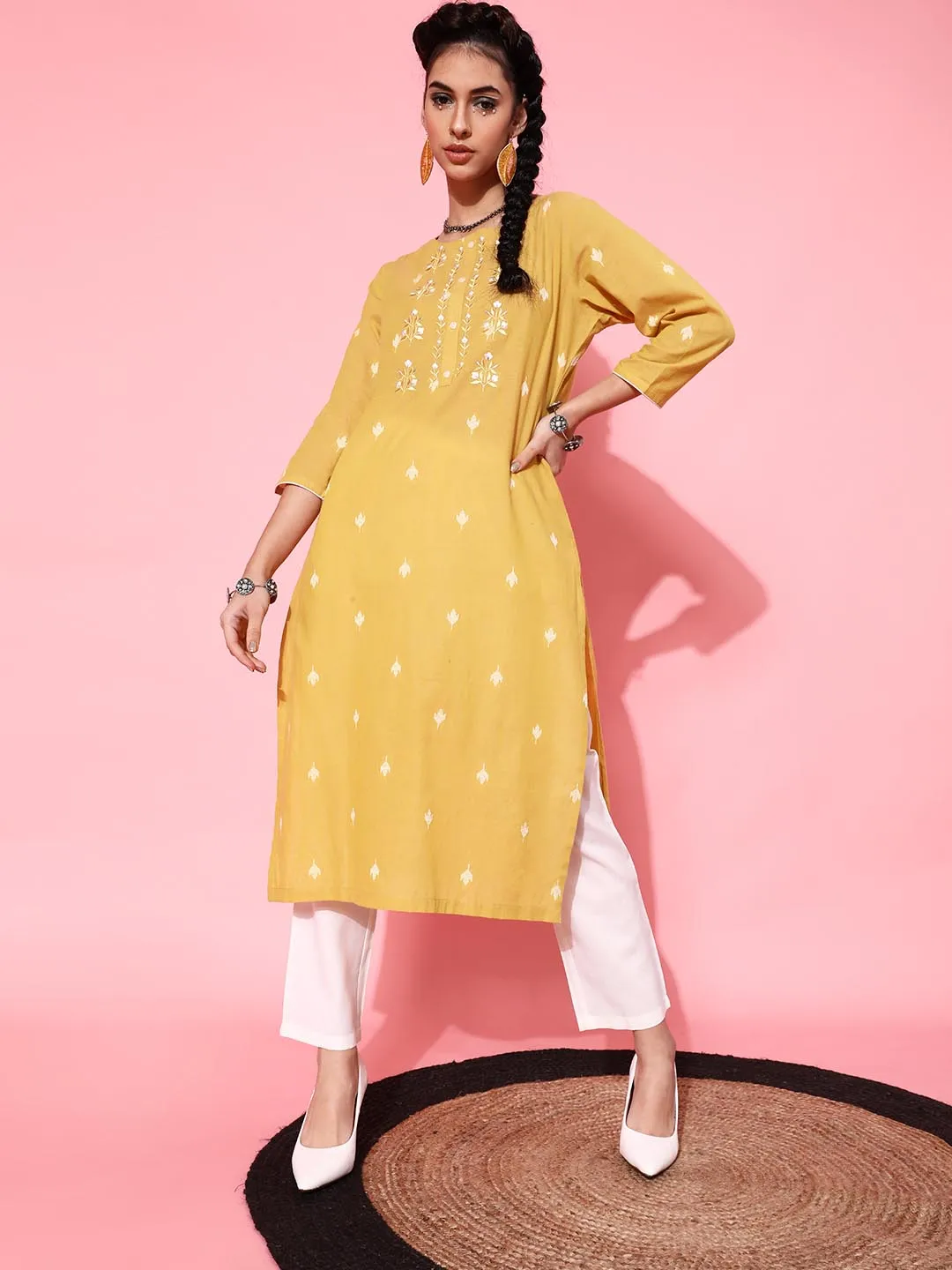 Women Mustard Yellow Floral Embroidered Pleated Pure Cotton Kurta with Trousers