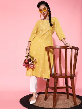 Women Mustard Yellow Floral Embroidered Pleated Pure Cotton Kurta with Trousers