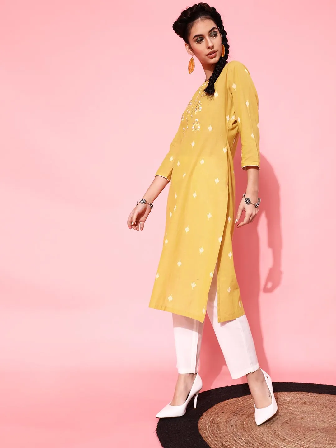 Women Mustard Yellow Floral Embroidered Pleated Pure Cotton Kurta with Trousers