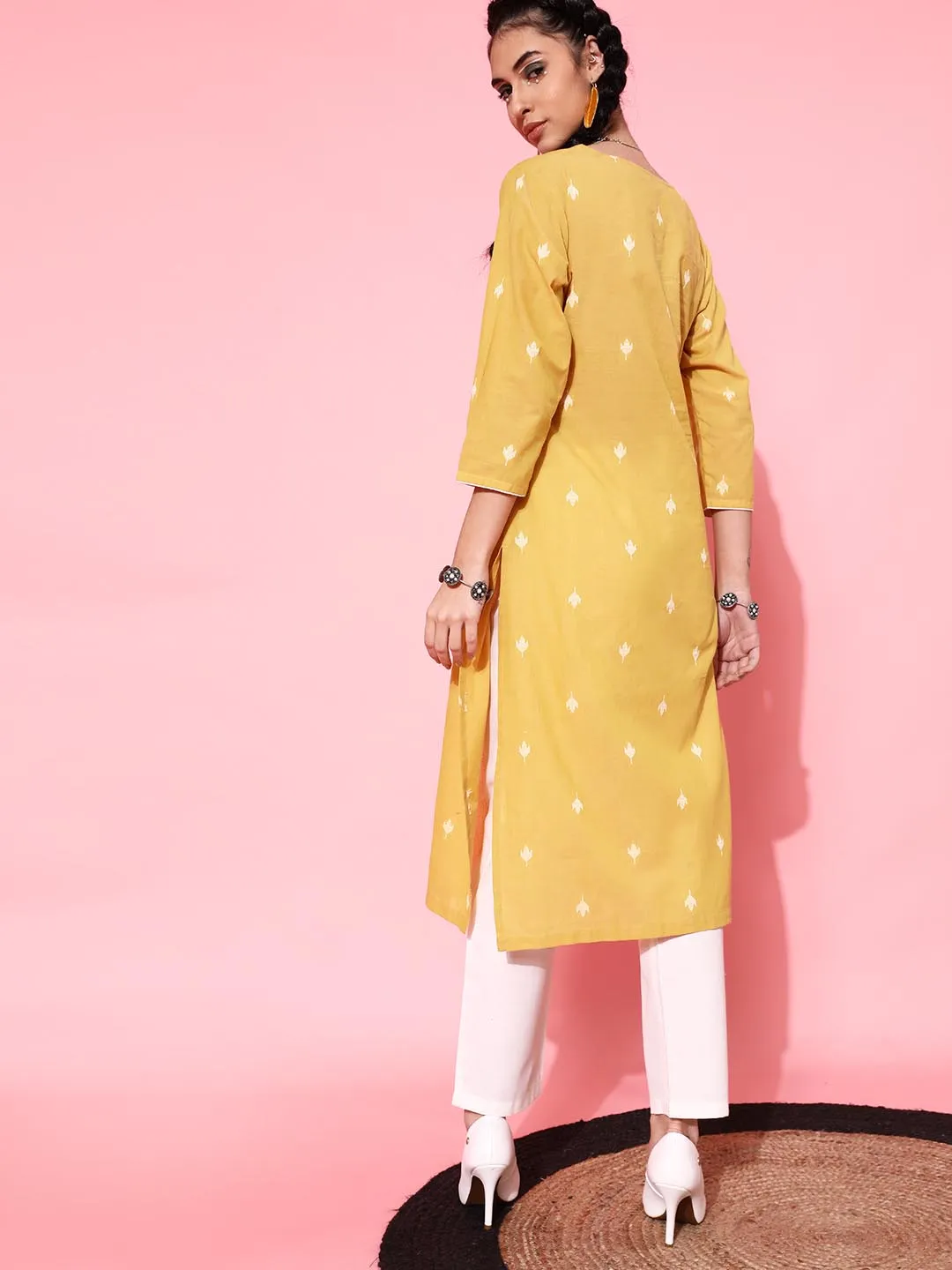 Women Mustard Yellow Floral Embroidered Pleated Pure Cotton Kurta with Trousers