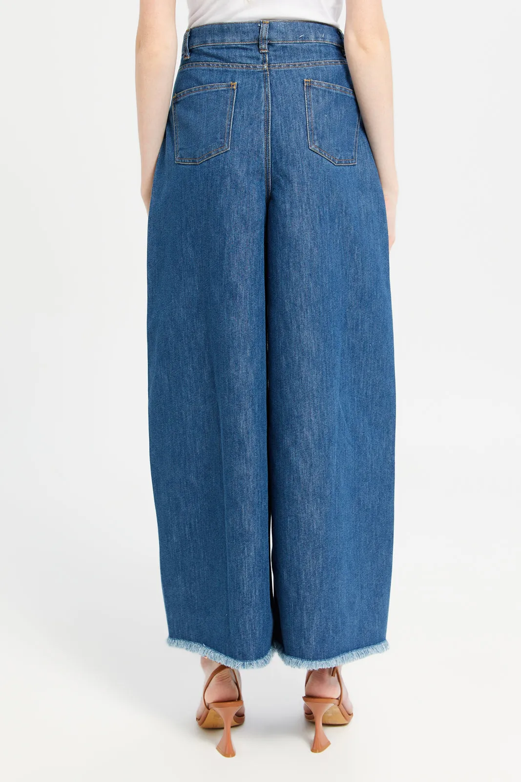 Women Navy High Waist Wide Leg Trousers