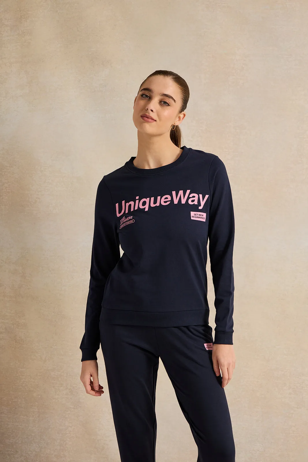 Women Navy Placement Print Sweatshirt