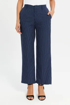 Women Navy Striped Wide Leg Trousers