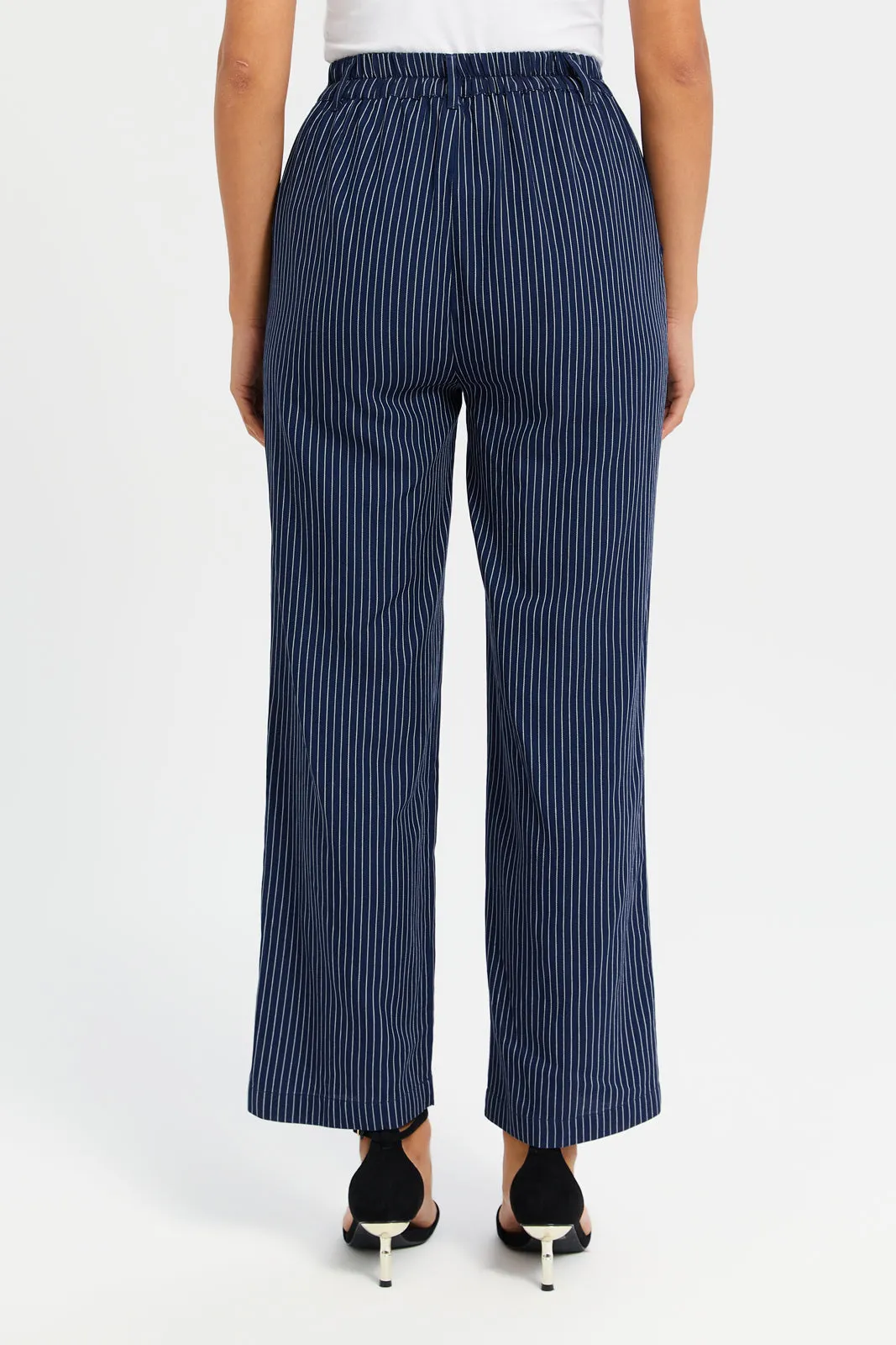 Women Navy Striped Wide Leg Trousers