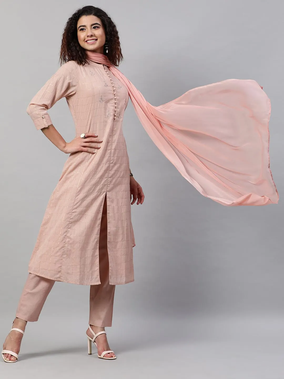 Women Peach-Coloured Embroidered Dobby Pure Cotton Kurta with Trousers Dupatta