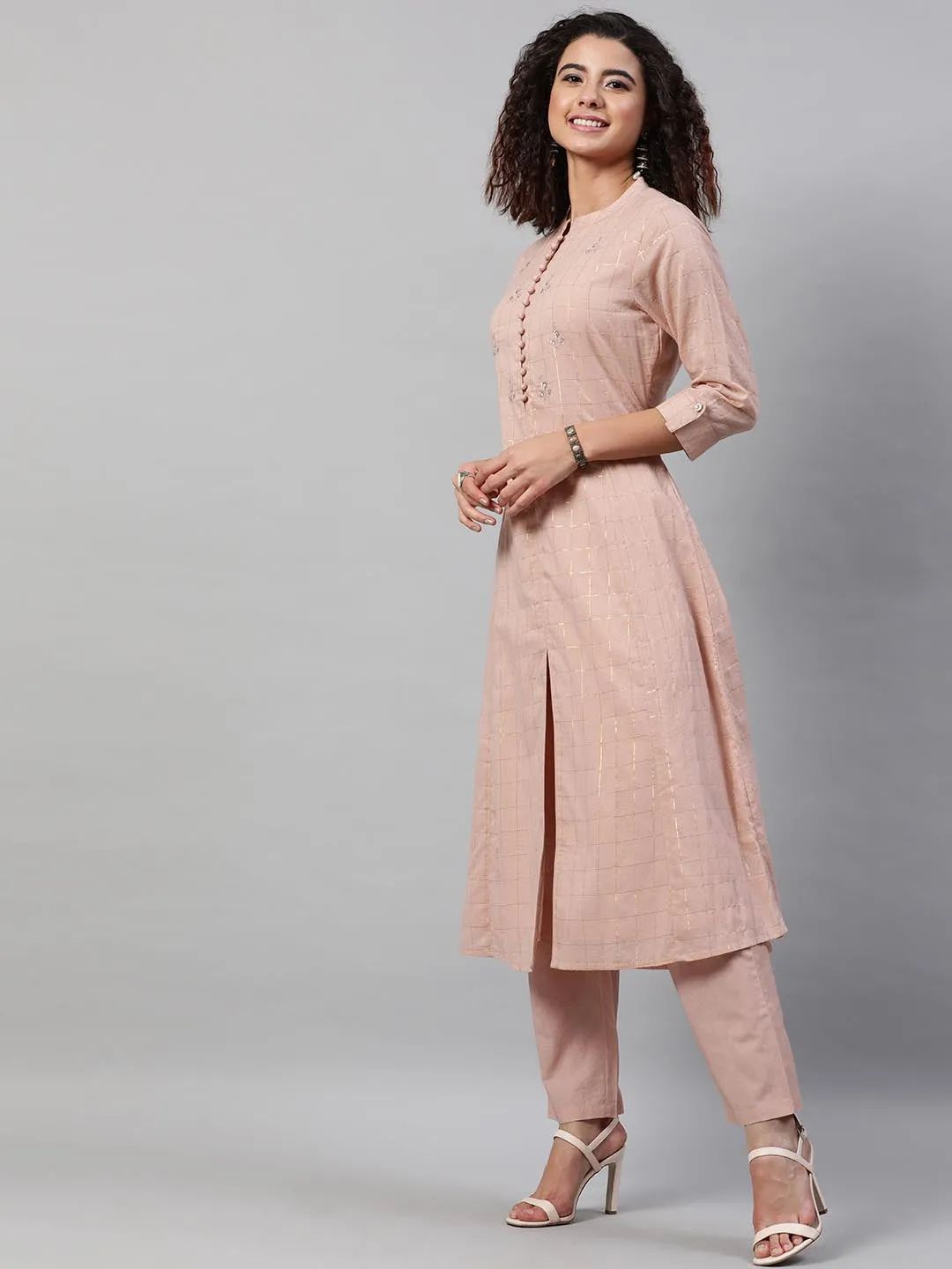 Women Peach-Coloured Embroidered Dobby Pure Cotton Kurta with Trousers Dupatta