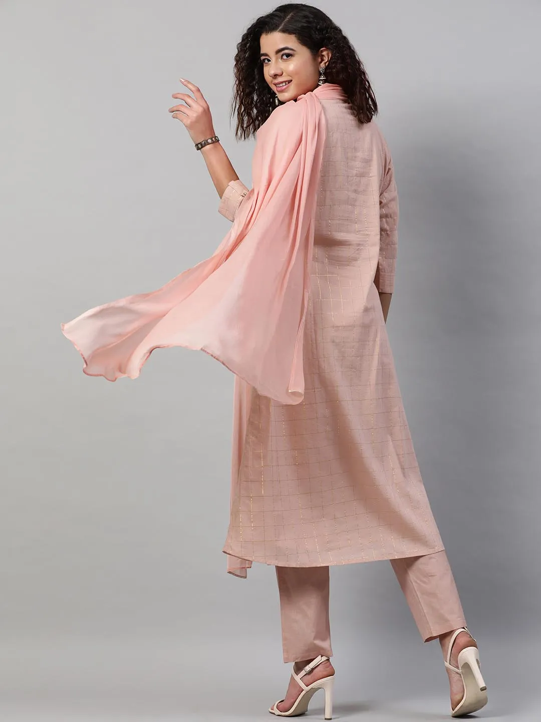 Women Peach-Coloured Embroidered Dobby Pure Cotton Kurta with Trousers Dupatta