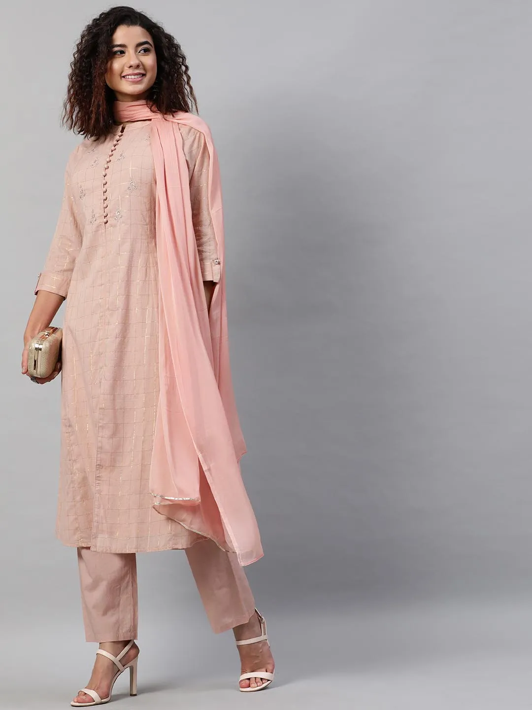 Women Peach-Coloured Embroidered Dobby Pure Cotton Kurta with Trousers Dupatta