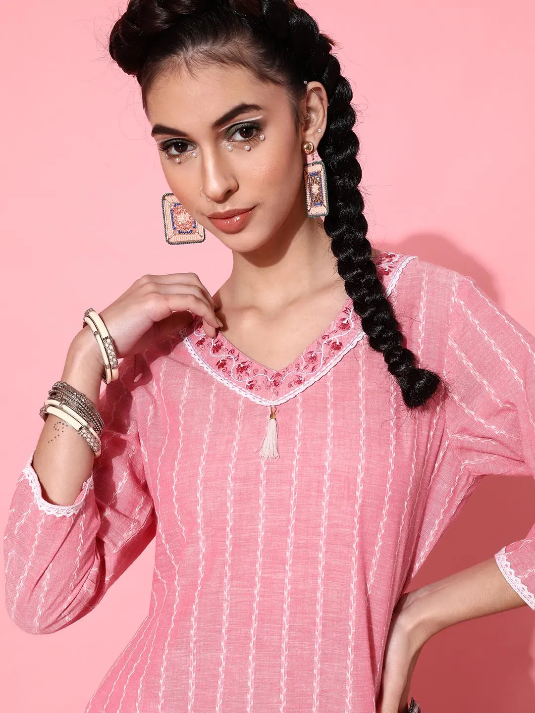 Women Pink Ethnic Motifs Printed Pure Cotton Kurta with Trousers