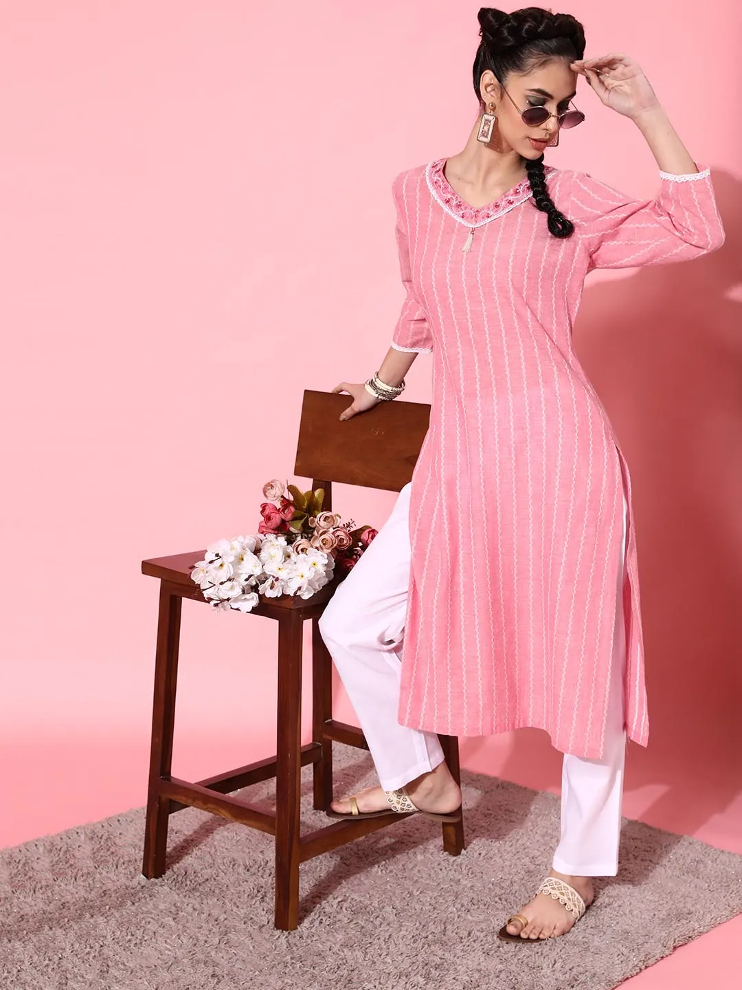 Women Pink Ethnic Motifs Printed Pure Cotton Kurta with Trousers