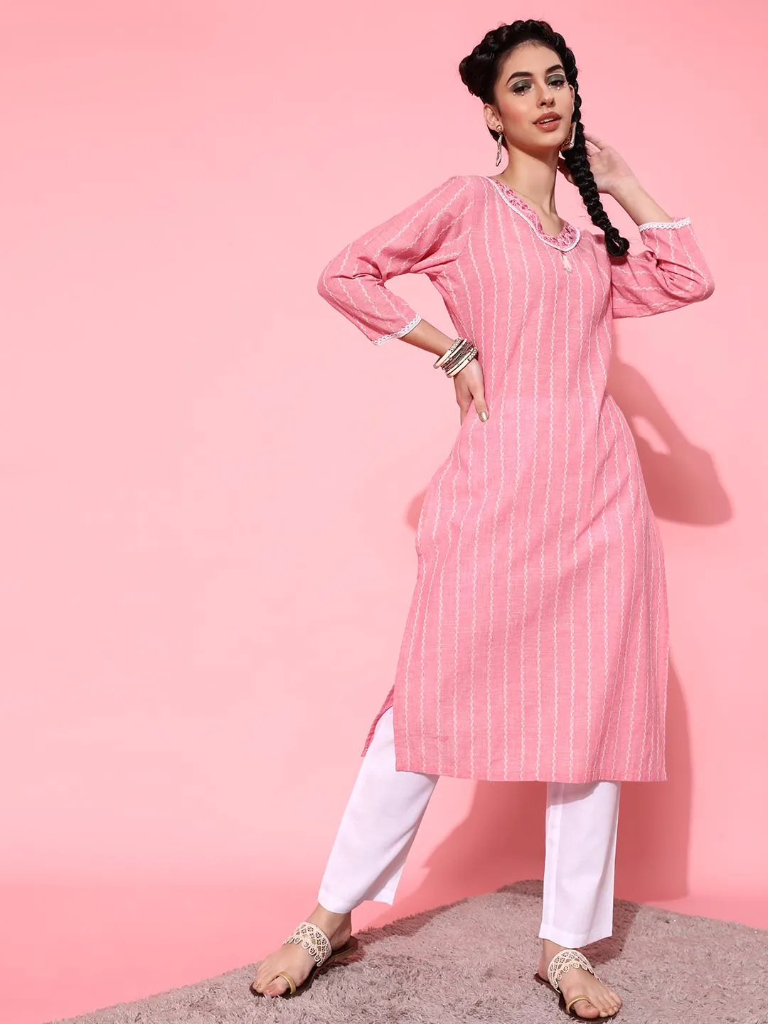 Women Pink Ethnic Motifs Printed Pure Cotton Kurta with Trousers