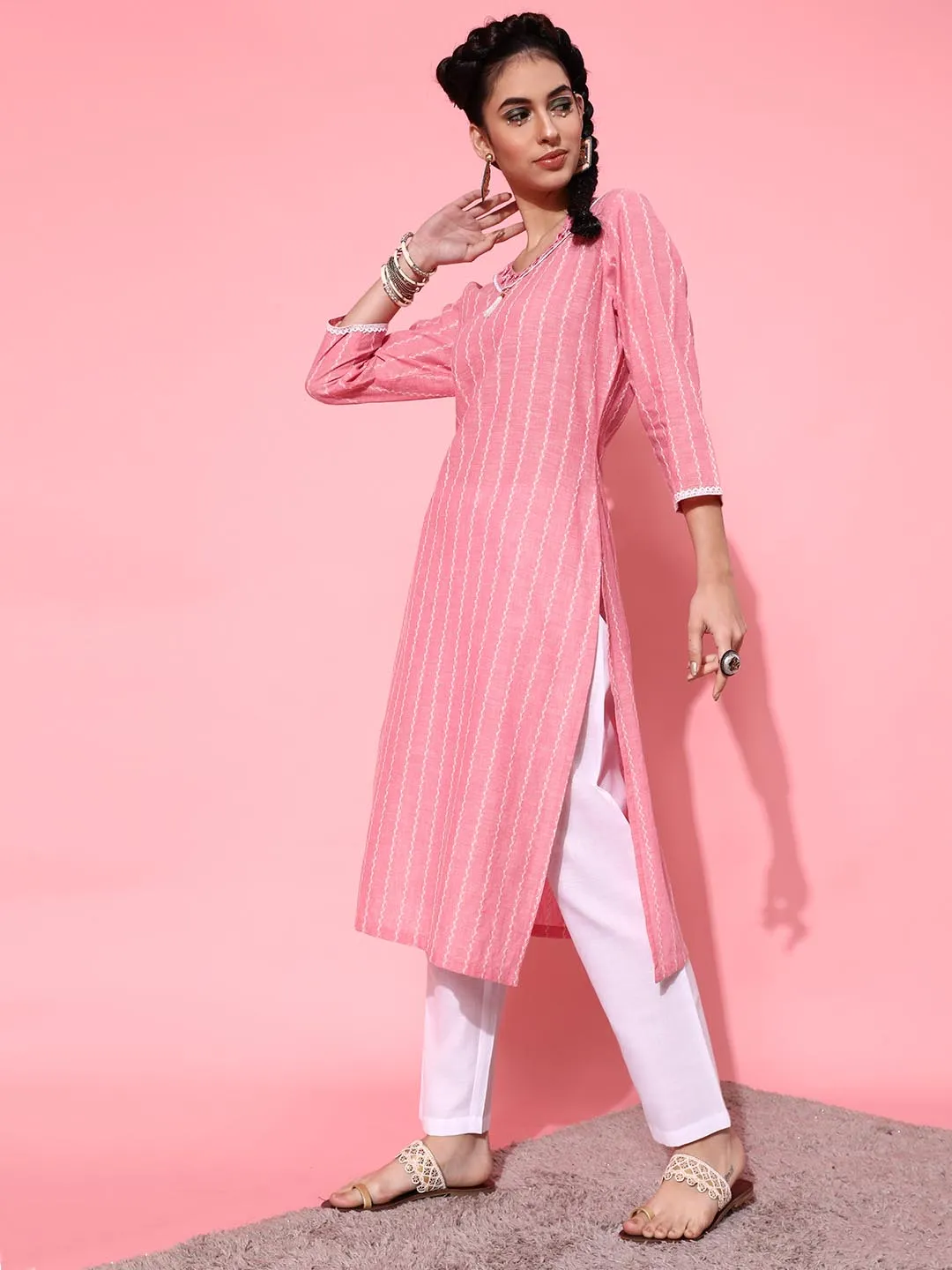 Women Pink Ethnic Motifs Printed Pure Cotton Kurta with Trousers