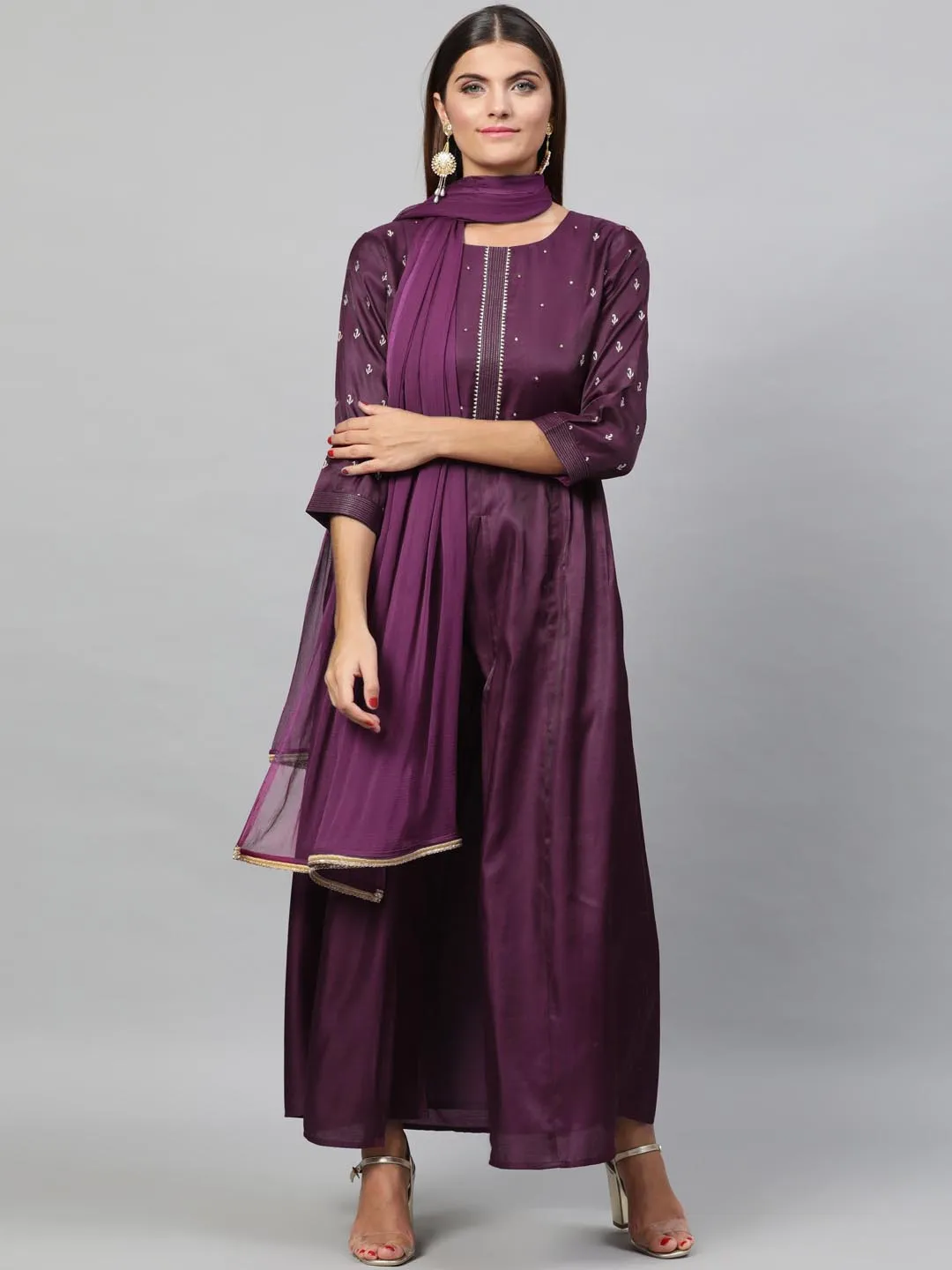 Women Purple Embroidered Kurta with Trousers Dupatta