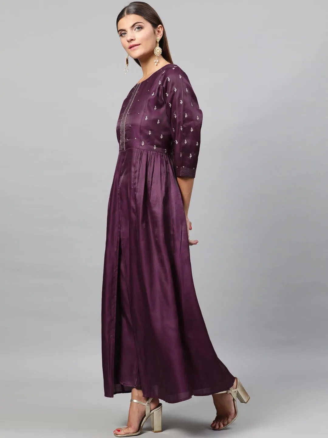 Women Purple Embroidered Kurta with Trousers Dupatta