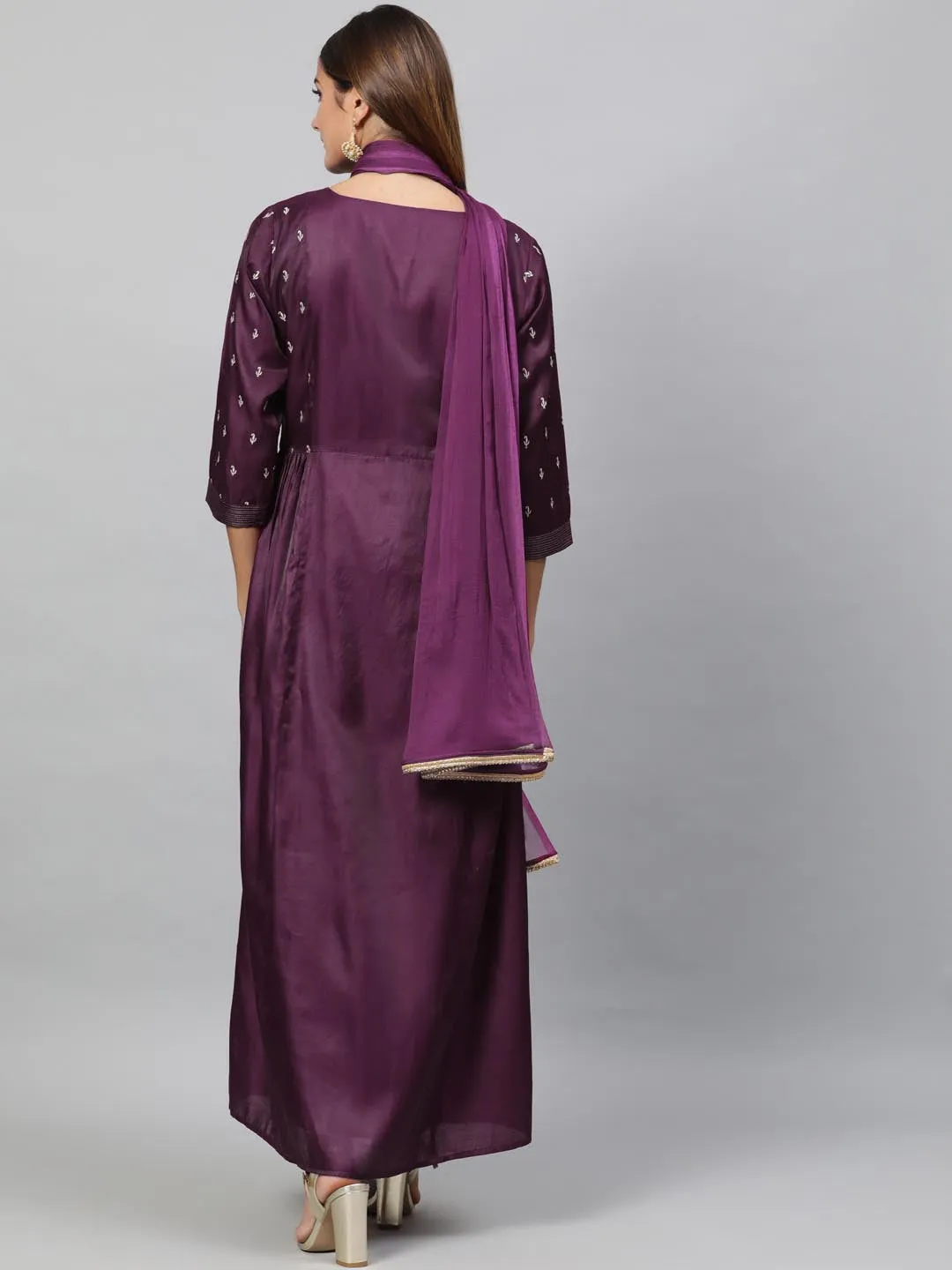 Women Purple Embroidered Kurta with Trousers Dupatta