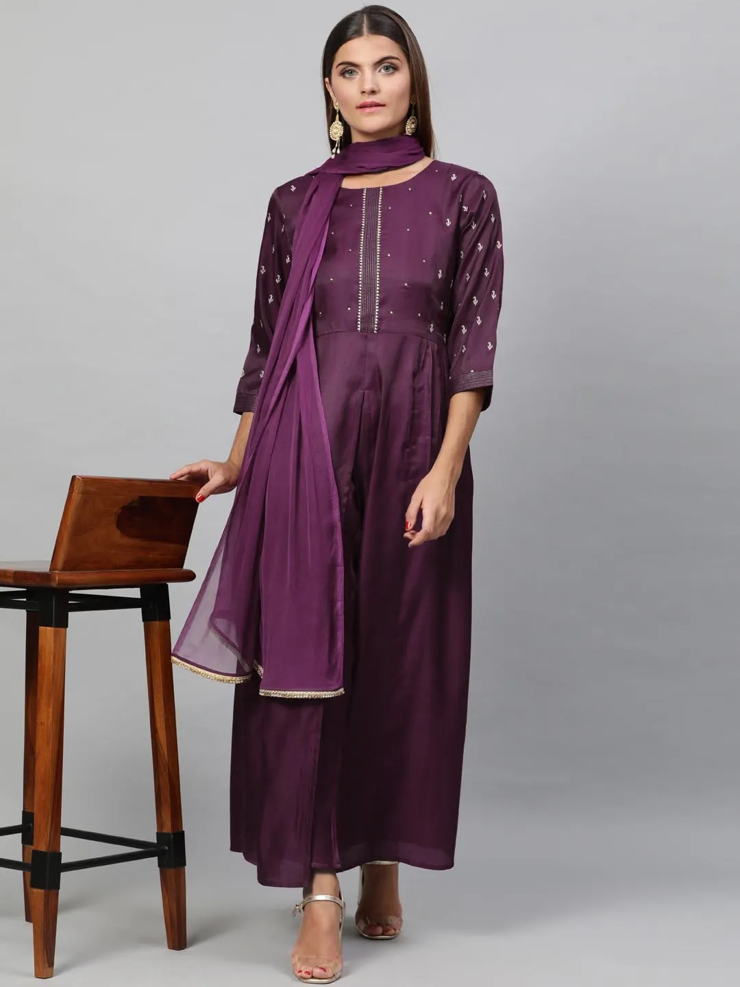 Women Purple Embroidered Kurta with Trousers Dupatta