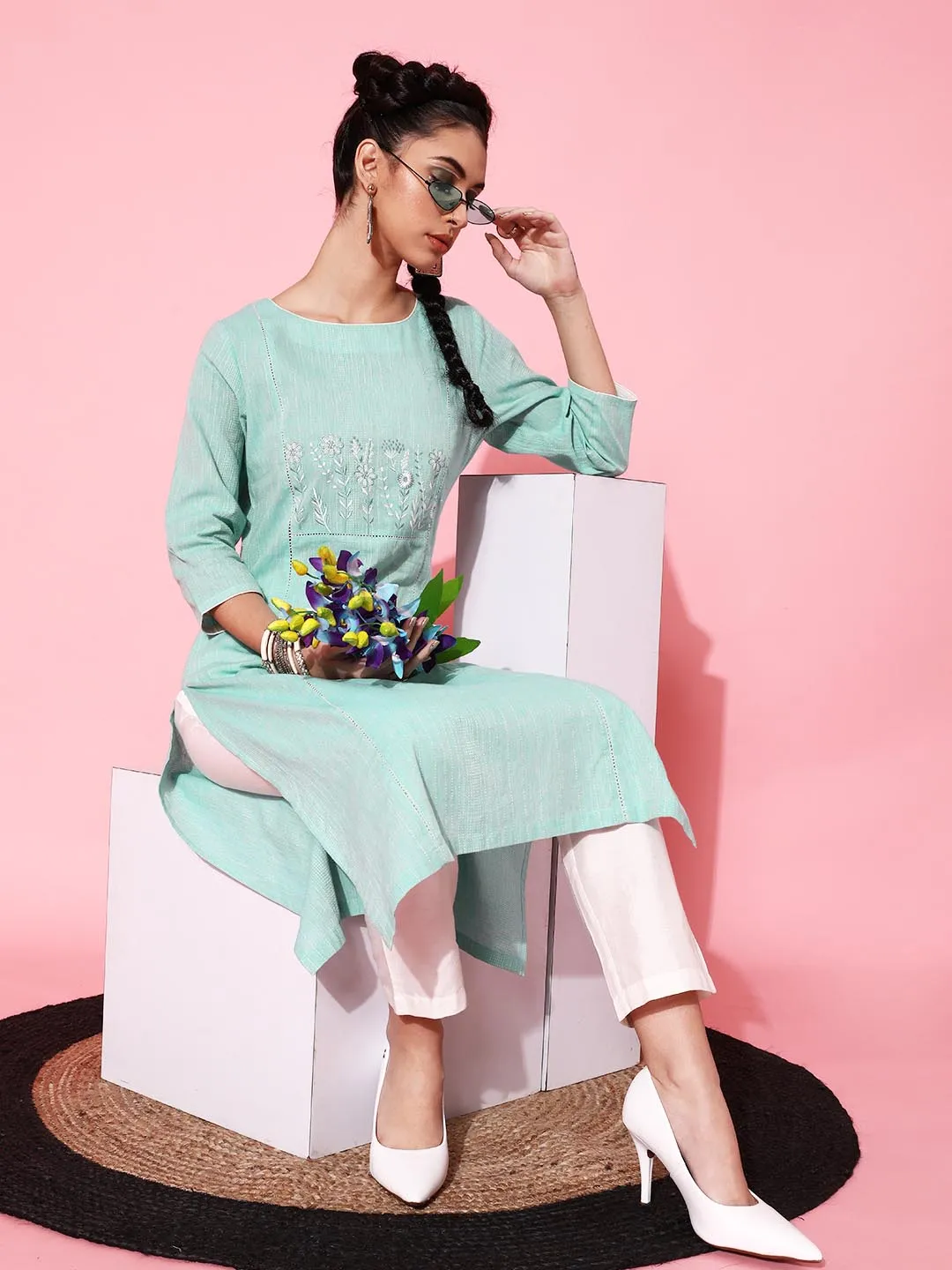 Women Turquoise Blue Embroidered Pure Cotton Kurta with Trousers