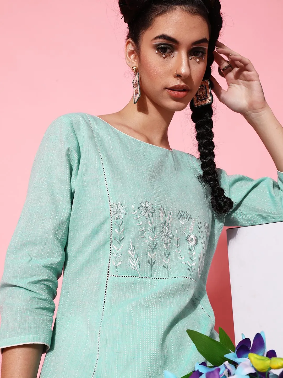 Women Turquoise Blue Embroidered Pure Cotton Kurta with Trousers