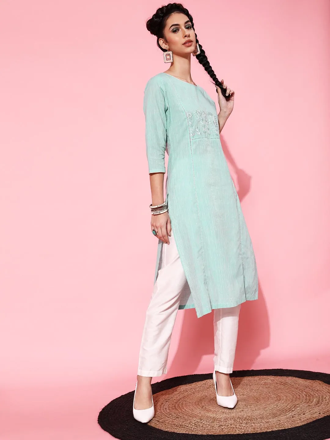 Women Turquoise Blue Embroidered Pure Cotton Kurta with Trousers