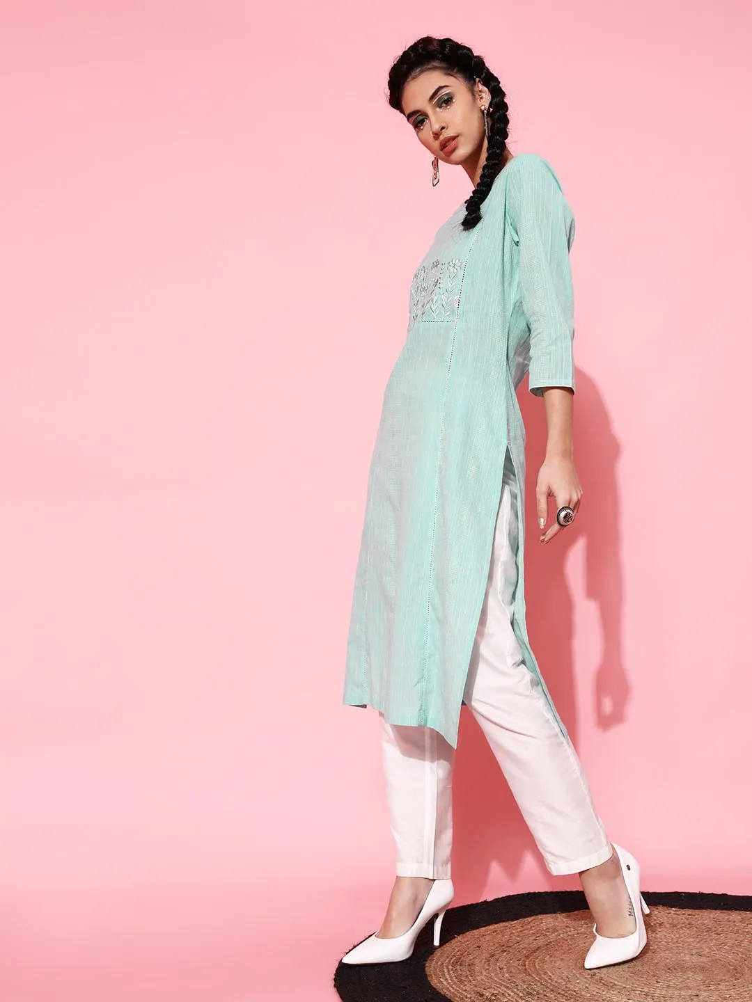 Women Turquoise Blue Embroidered Pure Cotton Kurta with Trousers