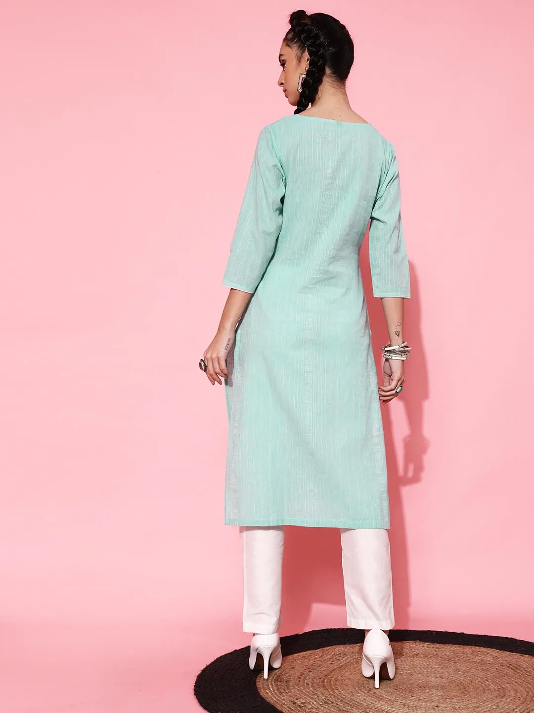 Women Turquoise Blue Embroidered Pure Cotton Kurta with Trousers