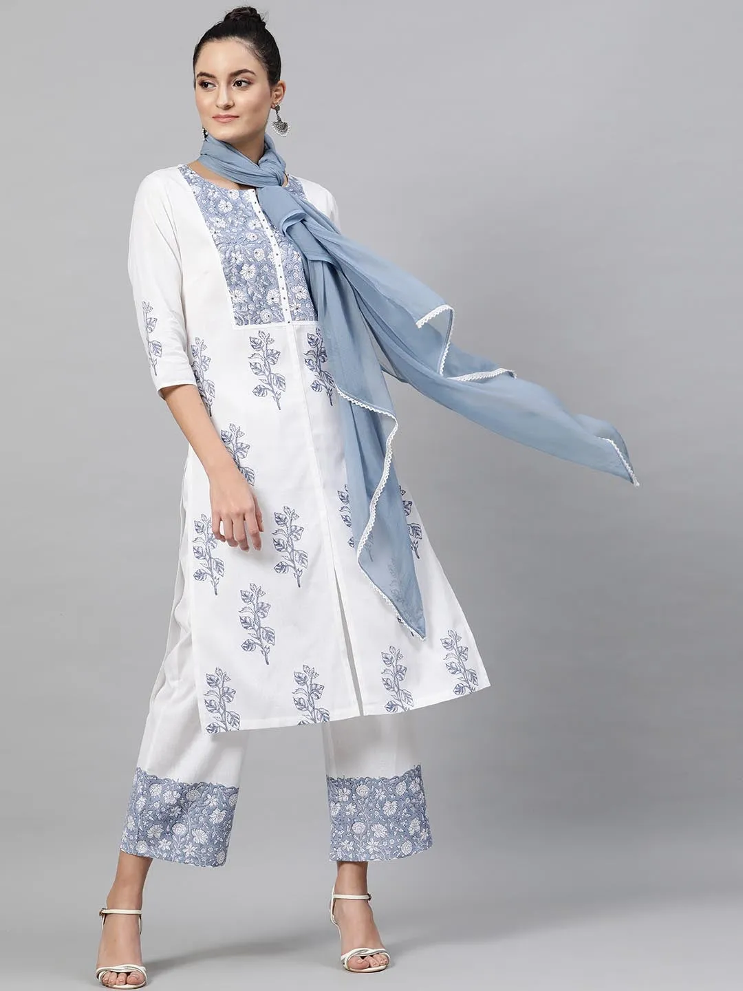 Women White Blue Printed Kurta with Trousers Dupatta