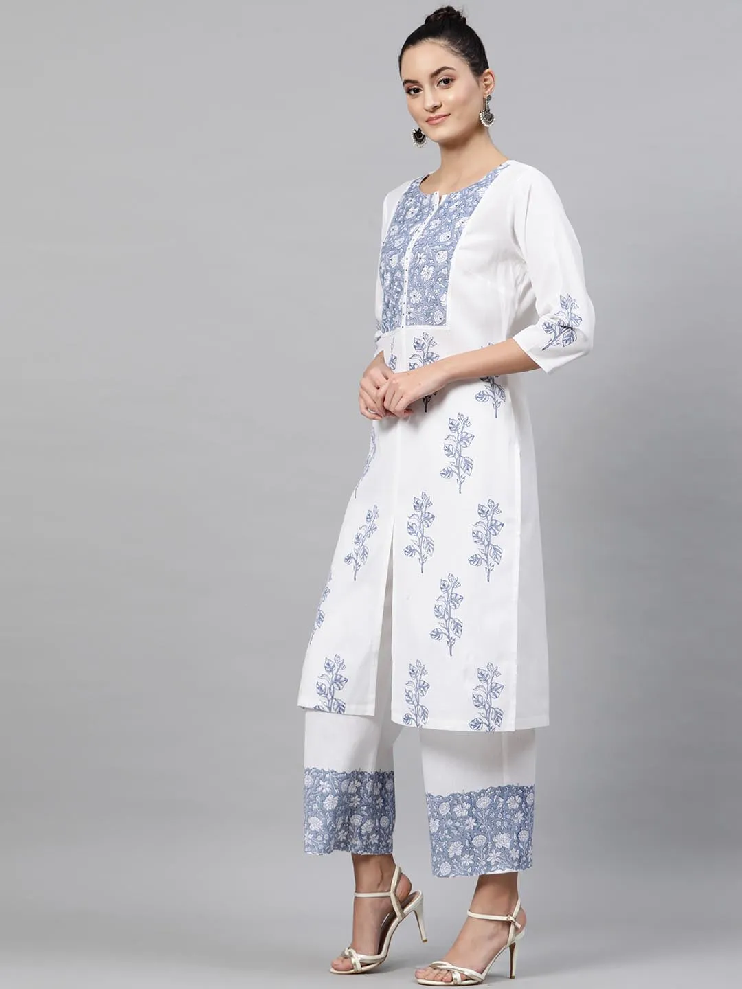 Women White Blue Printed Kurta with Trousers Dupatta