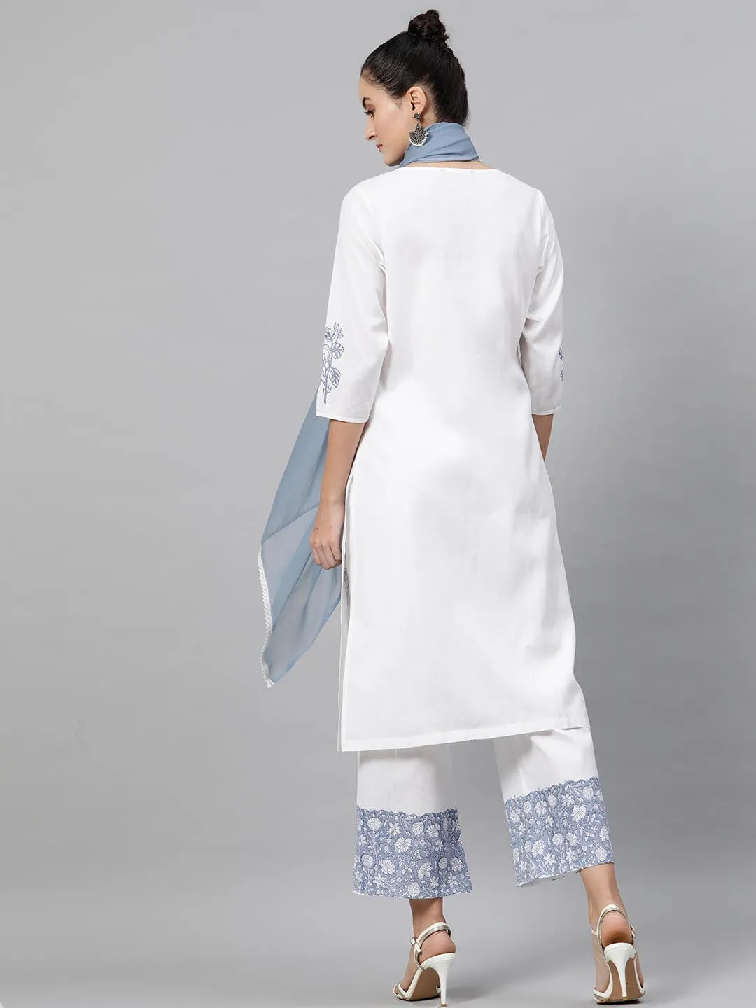 Women White Blue Printed Kurta with Trousers Dupatta