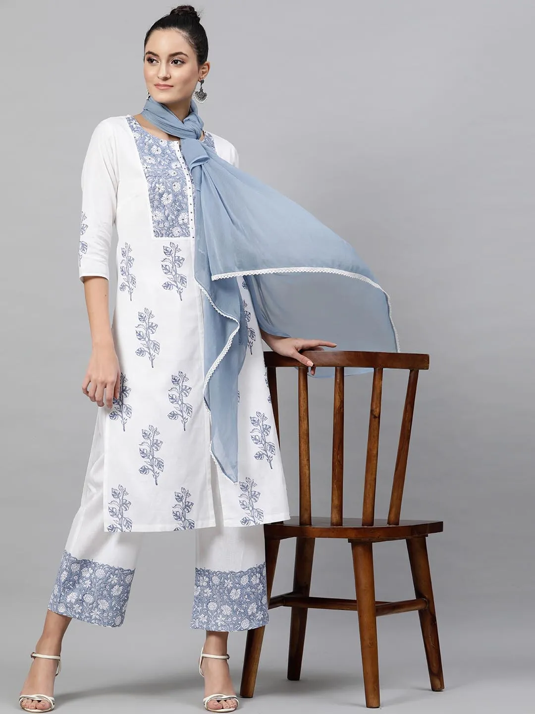 Women White Blue Printed Kurta with Trousers Dupatta