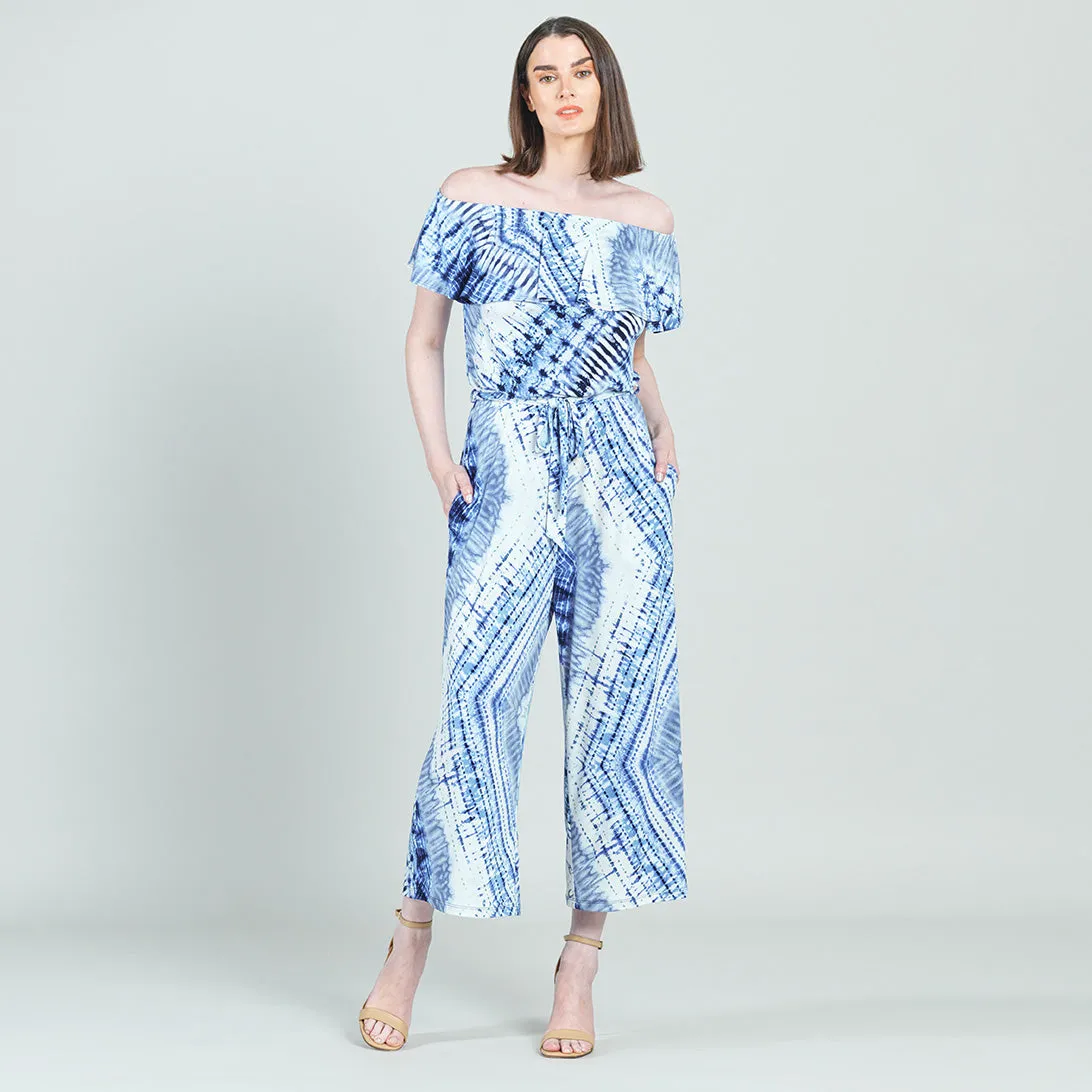 Women's Acid Wash Jumpsuit with Off-Shoulder Design and Ruffle Details