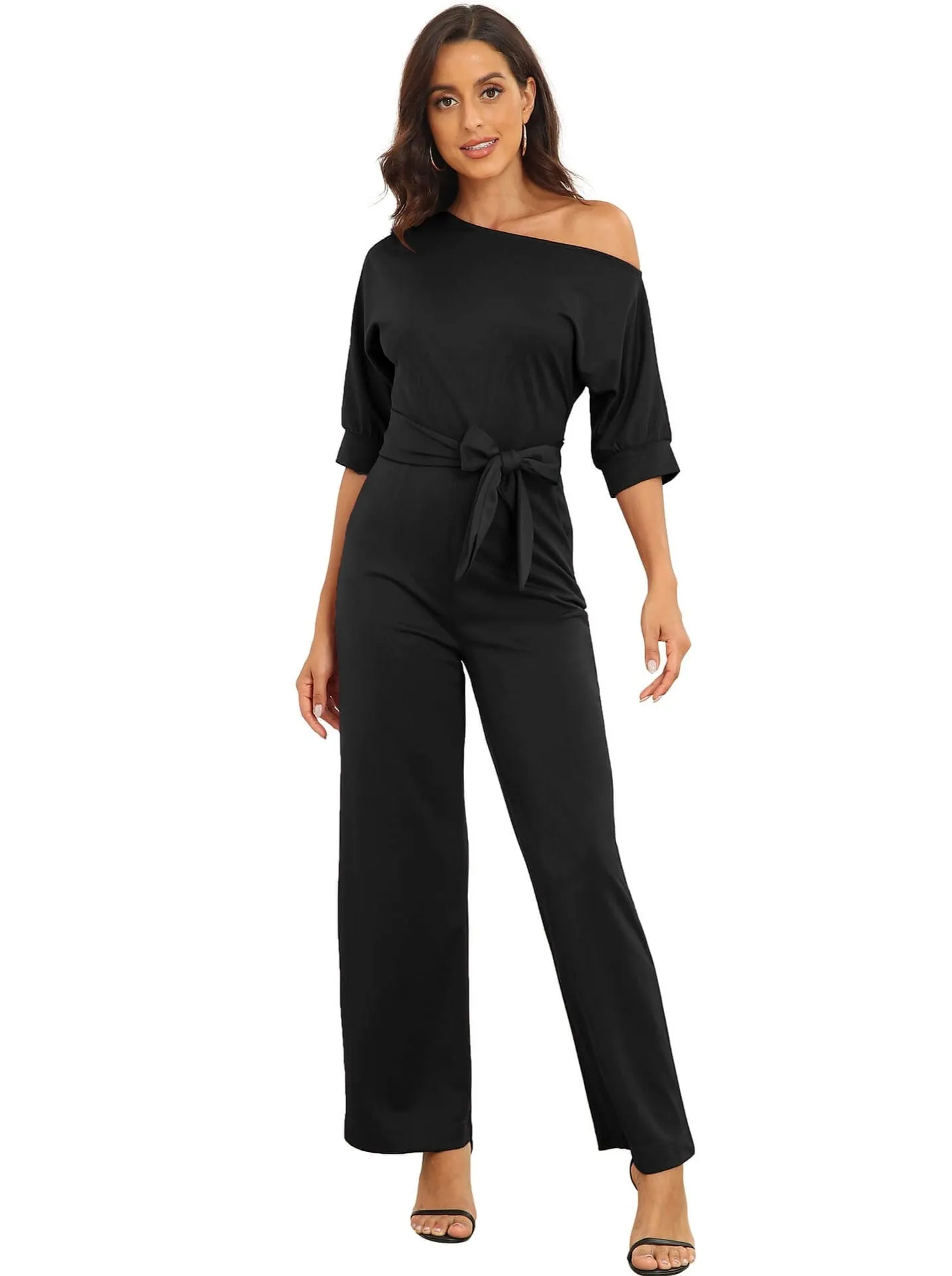 Women's Jumpsuits Sloping Shoulder Pocket Lace Up Jumpsuit